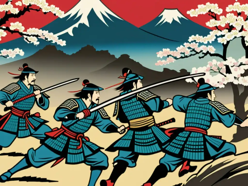 Una impresionante impresión de madera japonesa que retrata una escena de batalla entre guerreros samuráis, destacando su historia y cultura