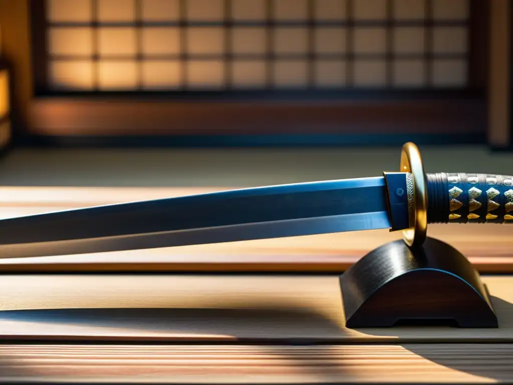 Una impresionante katana descansa sobre un soporte de madera, con su hoja de acero grabada brillando a la luz