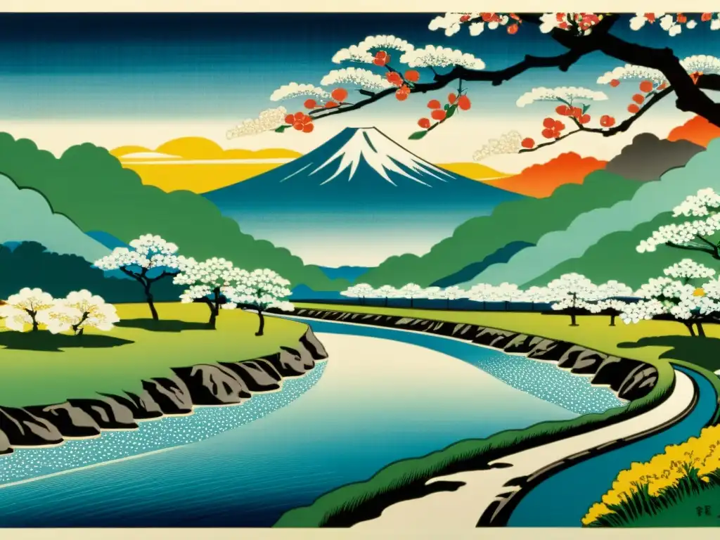 Una impresionante obra de arte japonesa, con influencia del arte tradicional japonés, que muestra una serena escena de paisaje con flores de cerezo en primer plano, un río y montañas al fondo