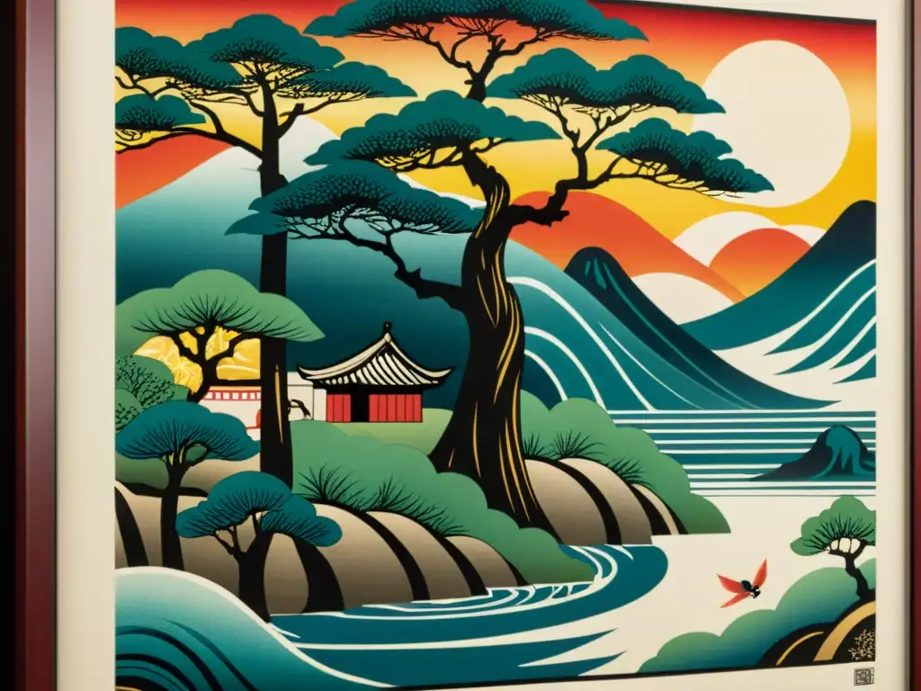 Grabado japonés: Escena mítica en detalle Una impresionante obra de arte japonesa en madera, detallada y llena de color, que representa una escena histórica de la mitología japonesa