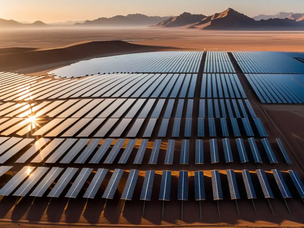 Un impresionante panorama del vasto desierto de Gobi, con interminables filas de paneles solares brillantes que se extienden hasta el horizonte