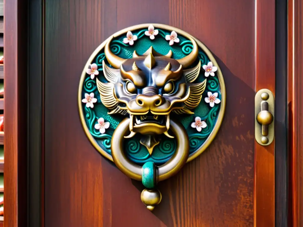 Un impresionante picaporte de dragón de bronce, custodiando una puerta japonesa de madera tallada con motivos de cerezos y nubes