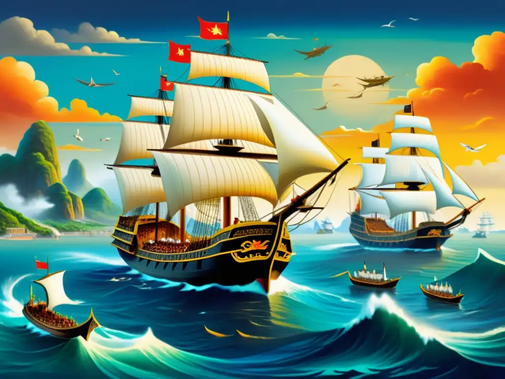 Una impresionante pintura detallada de la gran flota de barcos de las Expediciones Marítimas Zheng He Ming, navegando en alta mar con colores vibrantes y precisión histórica