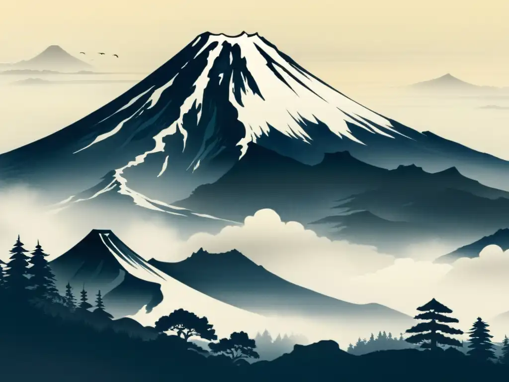 Una impresionante pintura japonesa muestra el icónico Monte Fuji con detallados trazos de tinta, evocando su belleza y simbolismo