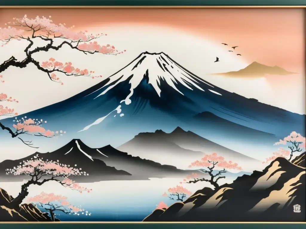 Una impresionante pintura japonesa de Monte Fuji en tinta, con delicados detalles y cerezos en flor