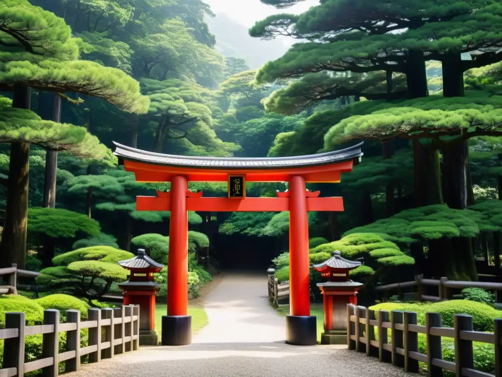 Un impresionante portal torii sagrado se alza entre exuberante vegetación, bañado por la luz del sol, revelando su historia y significado cultural