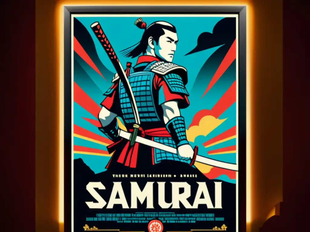 Un impresionante póster de cine de samuráis iluminado por la luz del teatro, capturando la influencia del cine de samuráis