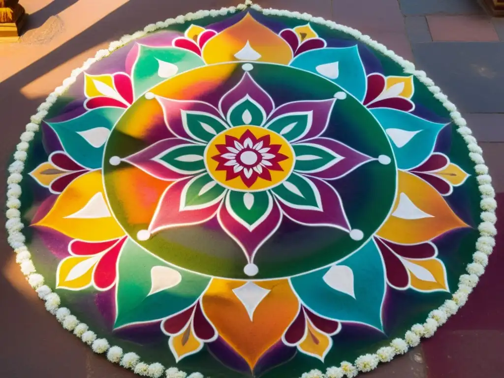 Un impresionante Rangoli hindú de colores vibrantes y significado cultural, con devotos rezando y creando una atmósfera reverente