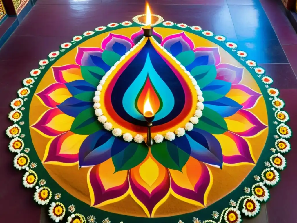 Un impresionante Rangoli hindú iluminado por lámparas de aceite, rodeado de fieles y visitantes