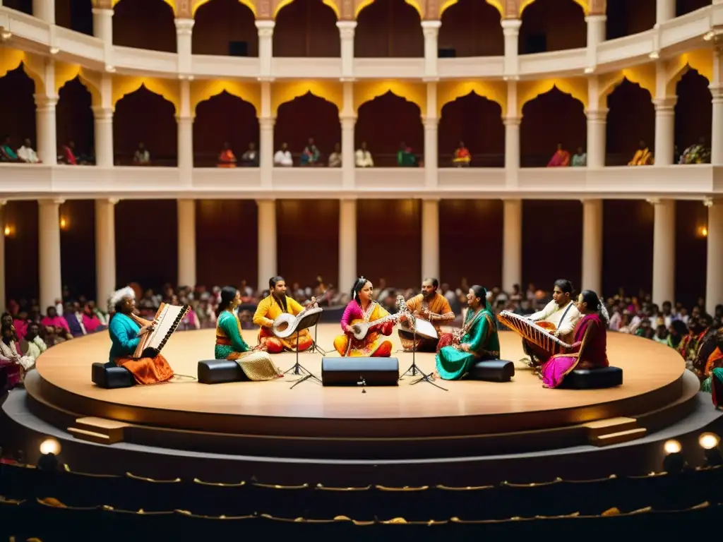 Una impresionante representación de una actuación de música clásica india en un lujoso salón decorado