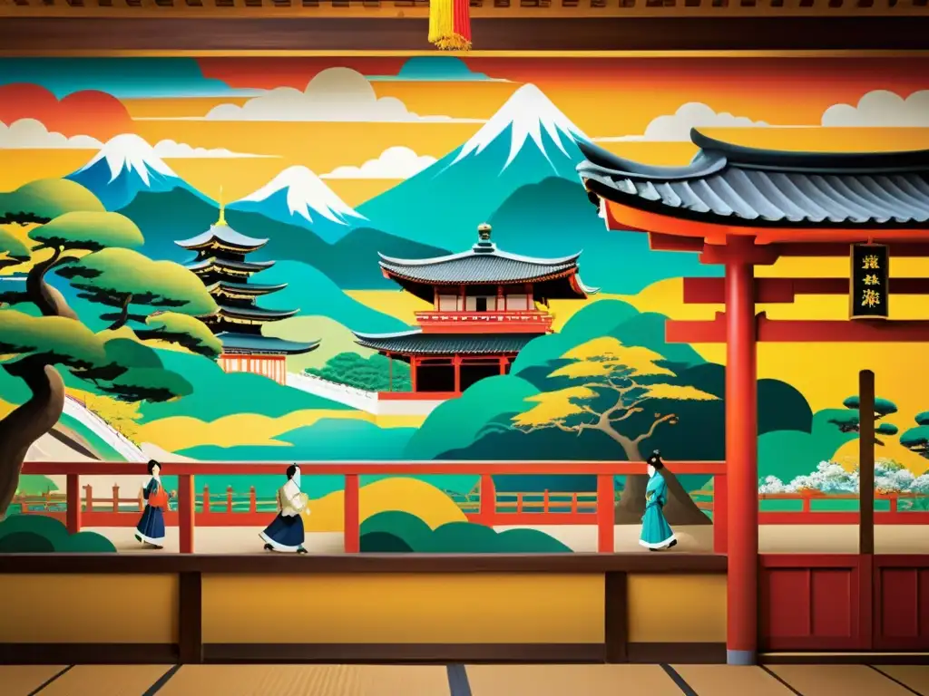 Una impresionante representación visual del Cuento de Genji en un detallado y vibrante mural japonés tradicional