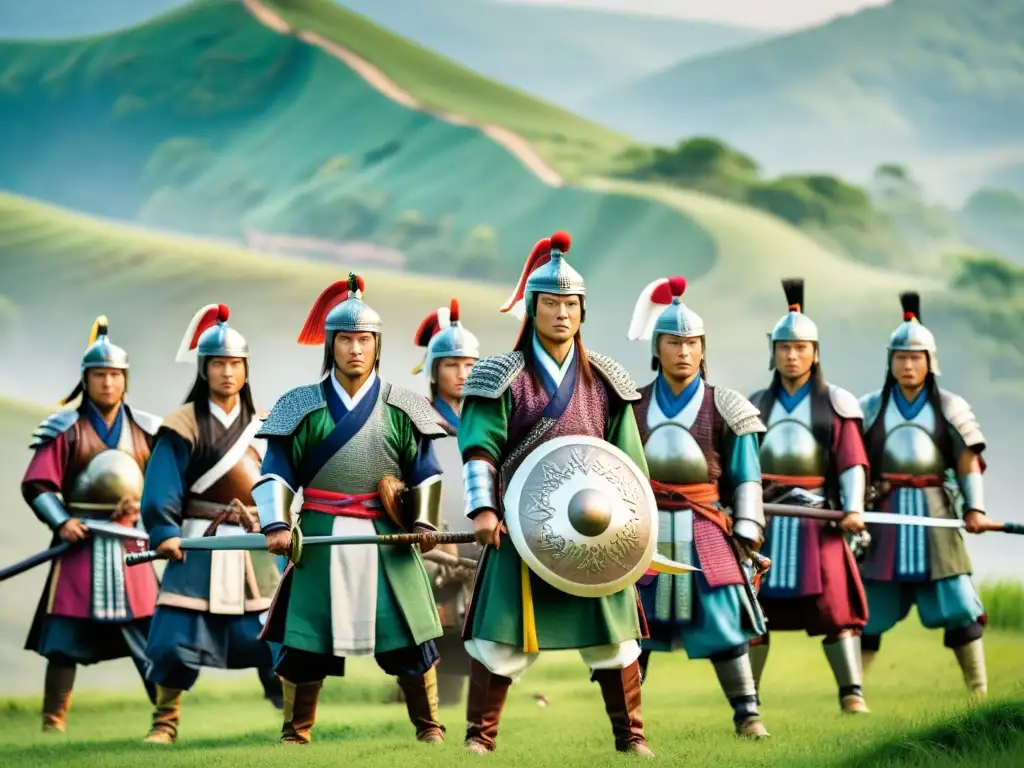 Un impresionante retrato documental de guerreros Hwarang en armadura tradicional, listos para la batalla en la antigua Corea del Reino de Silla