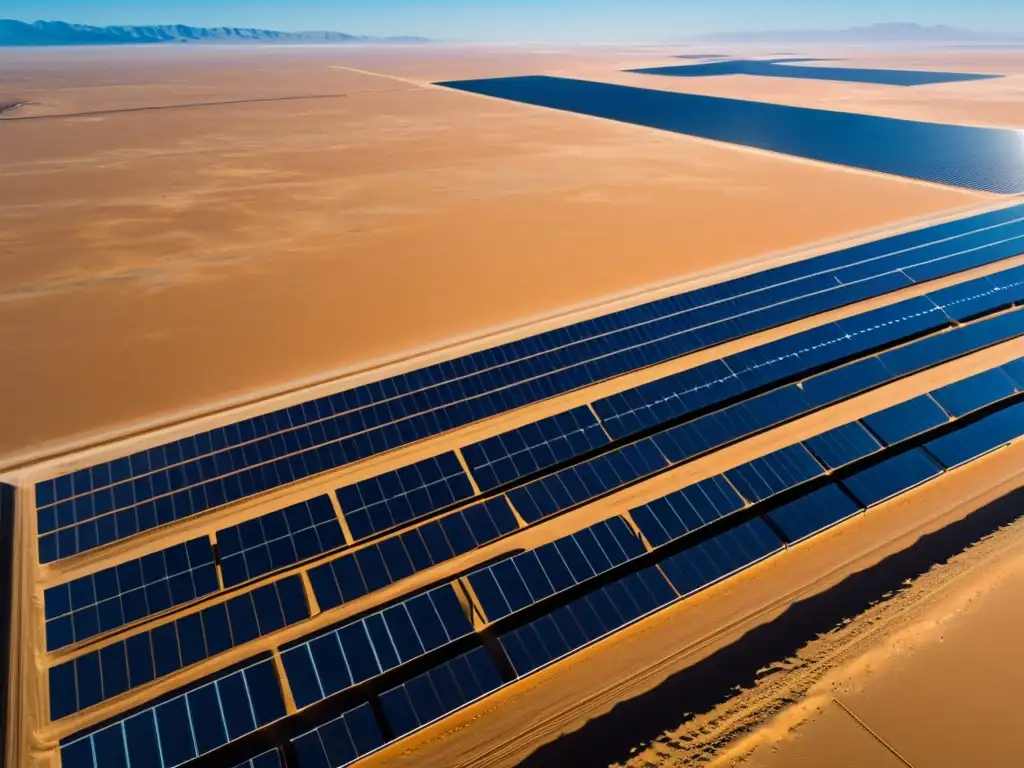 Un impresionante y vasto parque solar en el desierto de Gobi, con paneles brillantes que se extienden hasta el horizonte bajo el cielo azul