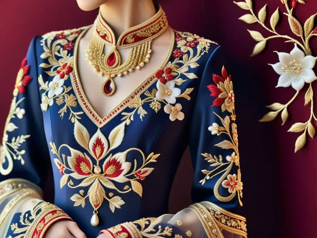 Un impresionante vestido de alta costura con ornamentación asiática, bordados de motivos tradicionales en tonos ricos y opulentos