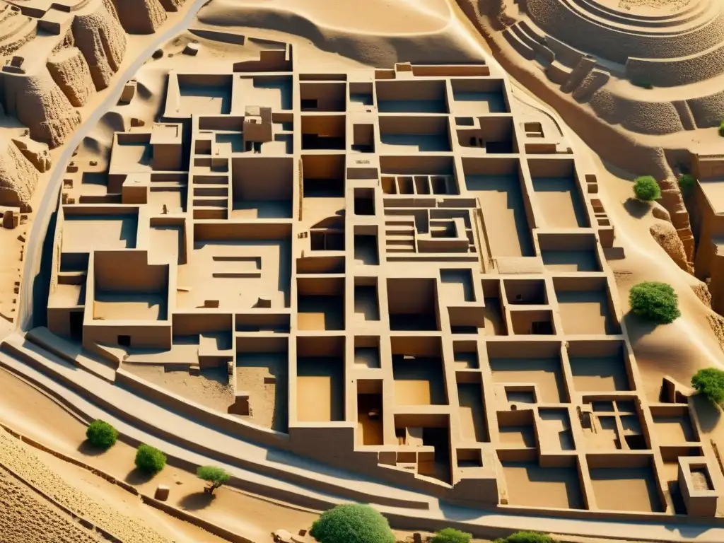 Una impresionante vista aérea de la antigua ciudad de Mohenjo-Daro en el Valle del Indo, revelando su avanzada planificación urbana y sistema de drenaje