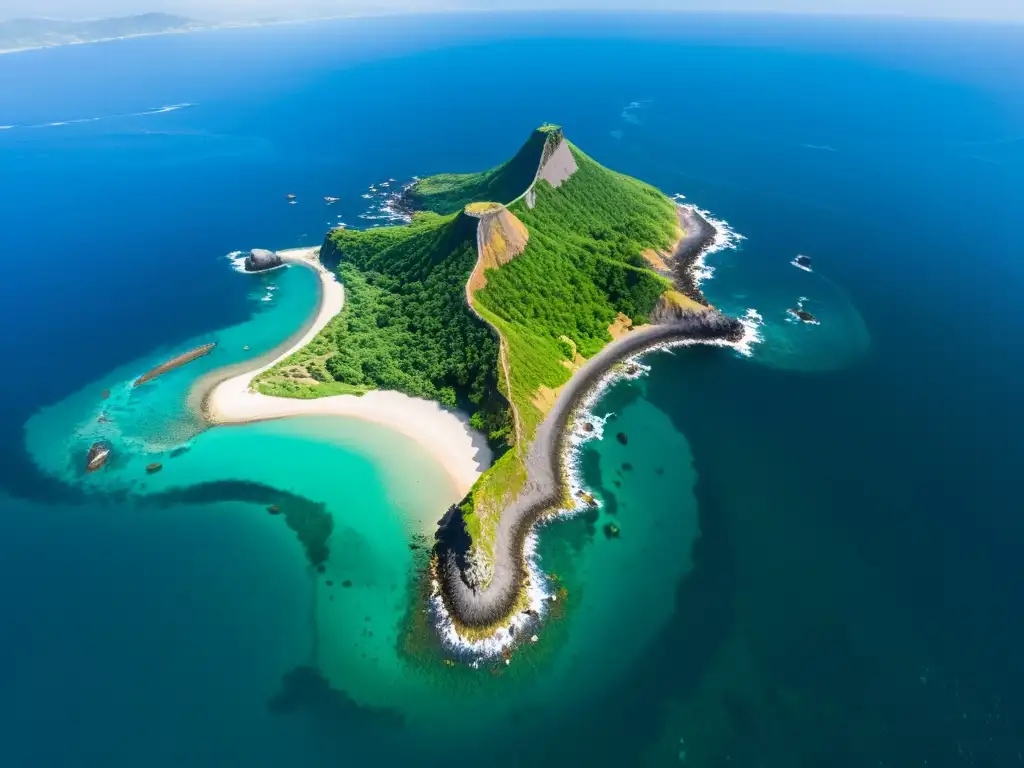 Una impresionante vista aérea de la isla de Jeju, con su costa escarpada, exuberante vegetación y paisaje volcánico