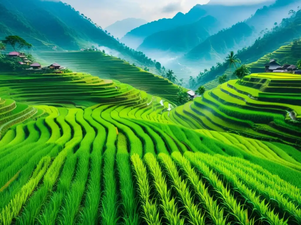 Una impresionante vista de arrozales en terrazas en las montañas de Asia