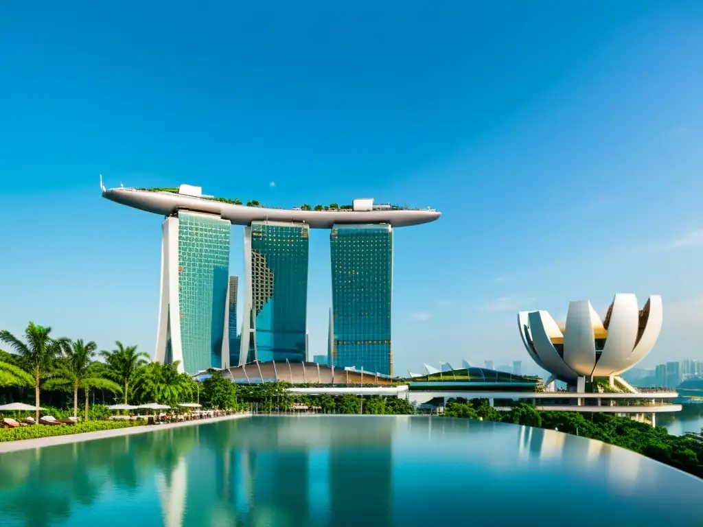 Una impresionante vista del Marina Bay Sands en Singapur, con un diseño arquitectónico sorprendente y sistemas de gestión sostenible