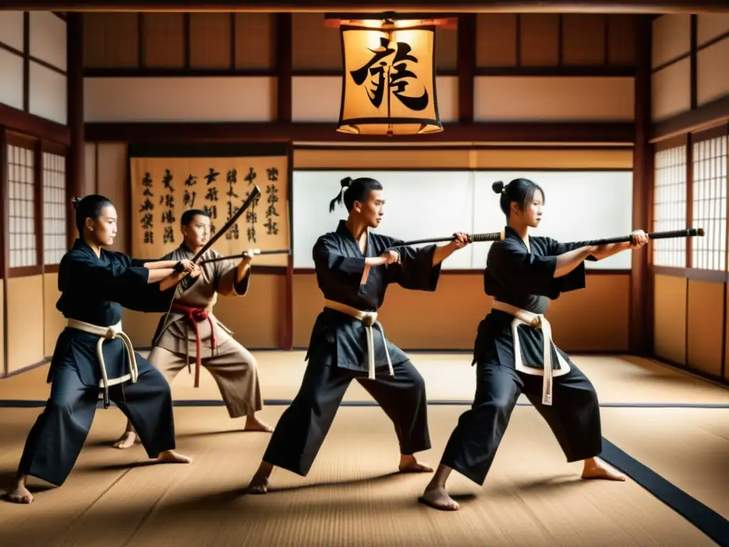 Un impresionante vistazo a las artes marciales japonesas durante la Era Meiji, con practicantes en un dojo tradicional y armas de entrenamiento