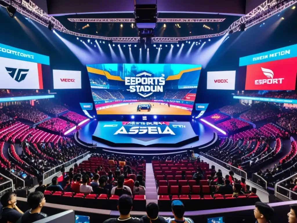 Increíble competencia de eSports asiáticos: estadio lleno de fans entusiastas, equipos compitiendo en un escenario masivo y pantallas LED vibrantes