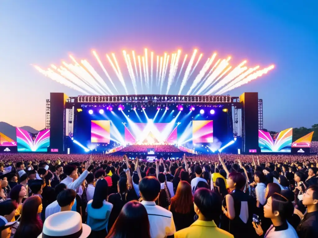 Increíble concierto al aire libre con artistas de KPop y JPop en un escenario vibrante, fans entusiastas y una fusión de influencias del KPop y JPop