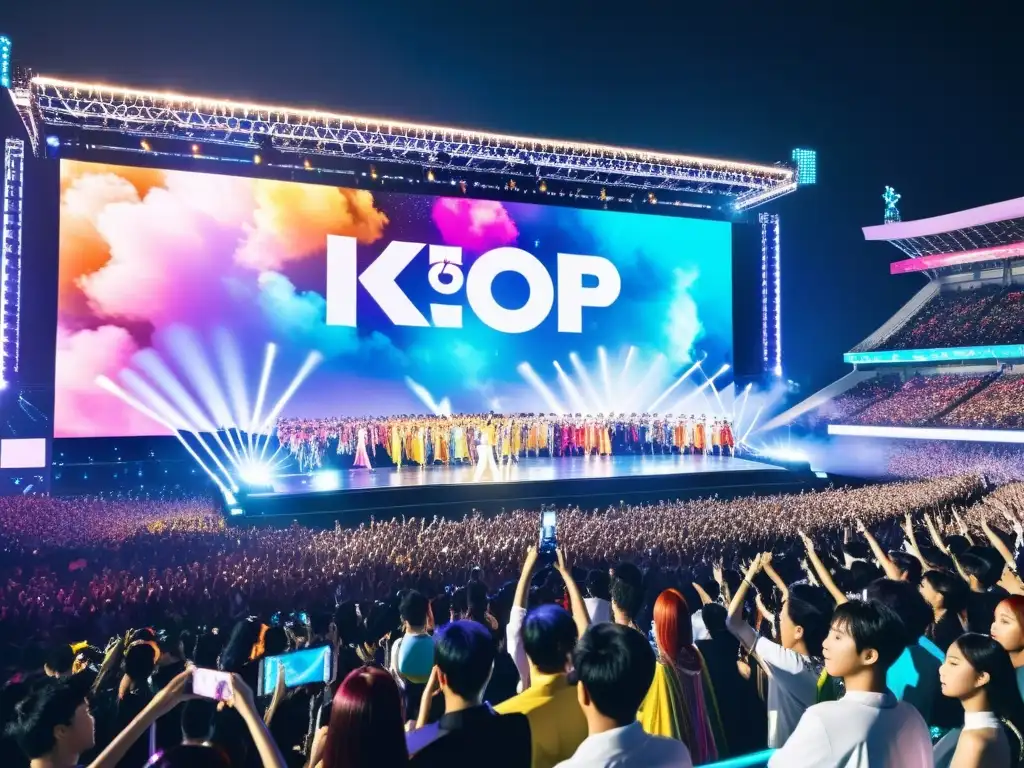 Increíble concierto de KPop en estadio lleno, artistas en trajes coloridos, fans emocionados con carteles y light sticks