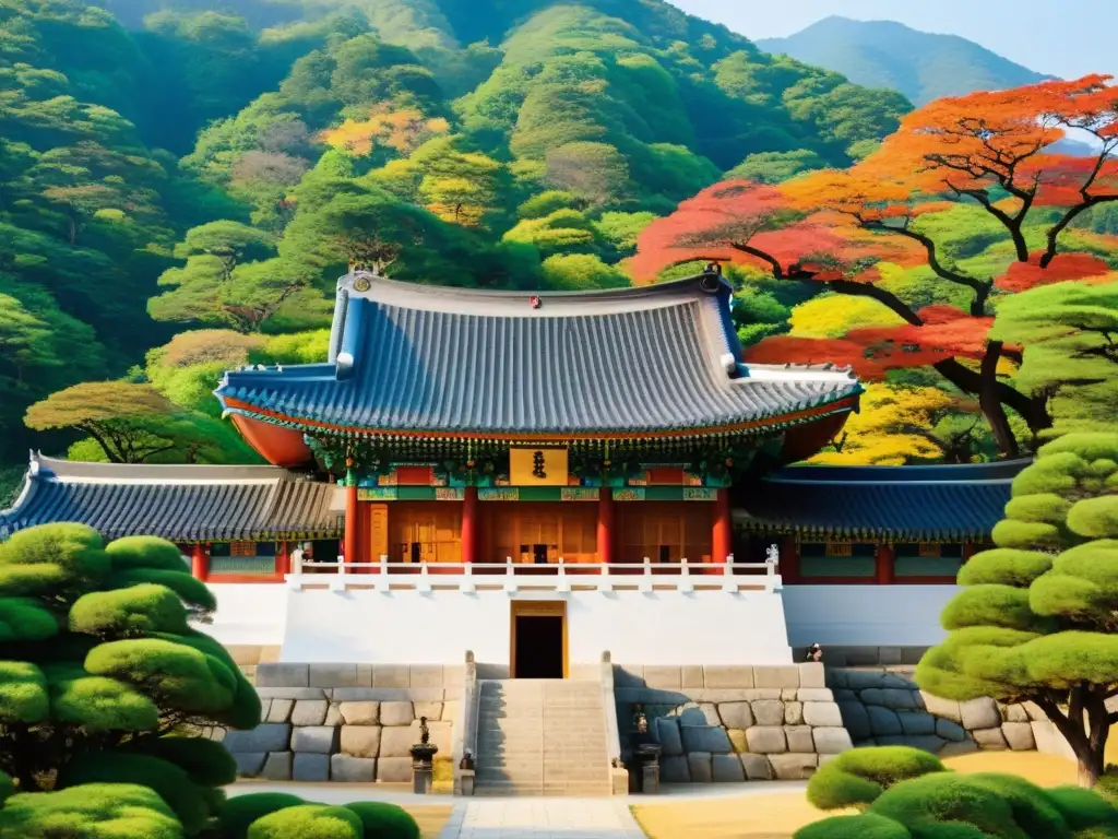 Increíble detalle del Templo de Haeinsa en Corea del Sur, rodeado de exuberante vegetación