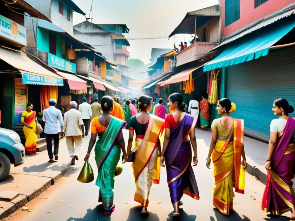 Poesía contemporánea India: Una calle bulliciosa llena de coloridos saris, mercados animados y arte callejero vibrante