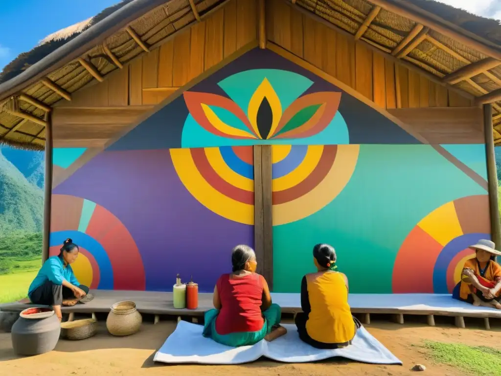 Indígenas pintando mural con arte y expresión en aislados pueblos de Asia, colores vibrantes y mística cultural