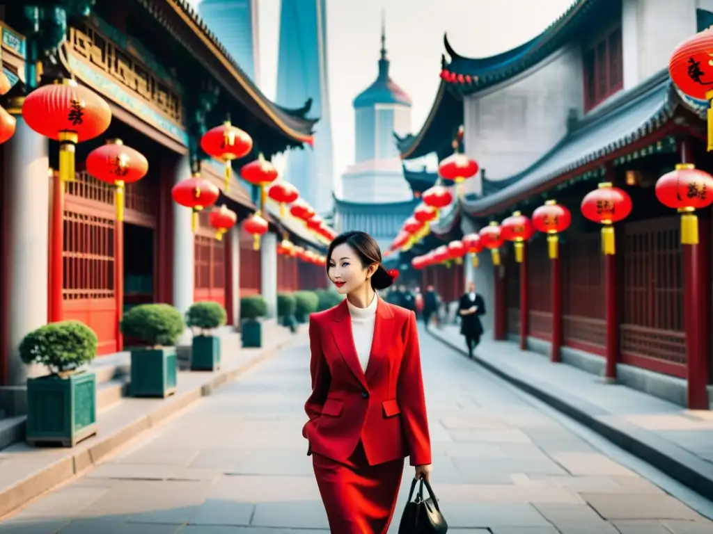 Un individuo con estilo shanghai camina entre la arquitectura tradicional china y linternas rojas vibrantes en una concurrida calle de Shanghai