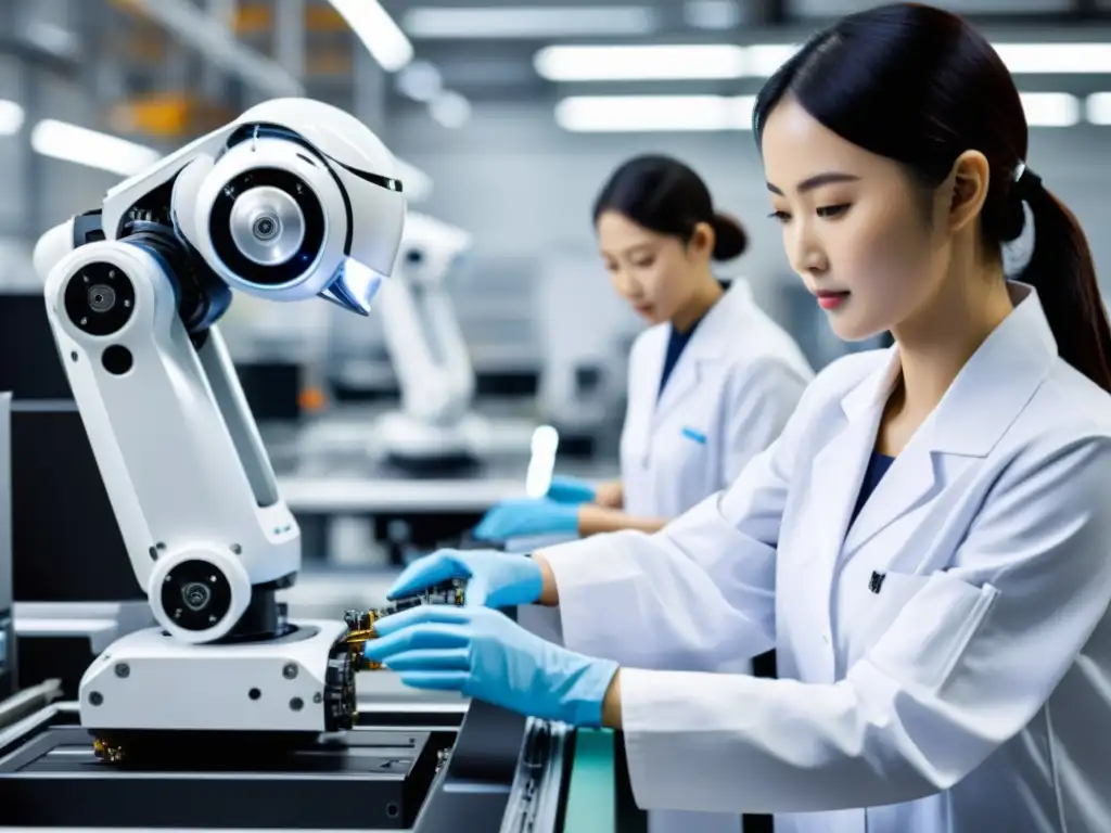 Transformación de la industria japonesa mediante androides: Robot de alta tecnología trabajando con precisión en una fábrica futurista junto a técnicos humanos