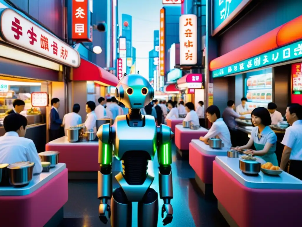 Transformación de la industria japonesa mediante androides: Escena futurista de robots integrados en el sector de servicios, atendiendo a clientes en tiendas, restaurantes y transporte, en una bulliciosa ciudad con letreros de neón