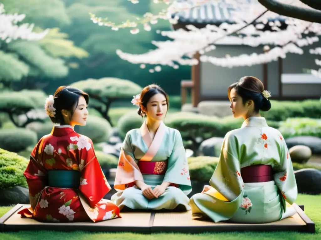 Influencers con Kimono en redes participan en una ceremonia del té en un jardín japonés con cerezos en flor, creando una atmósfera serena y culturalmente rica