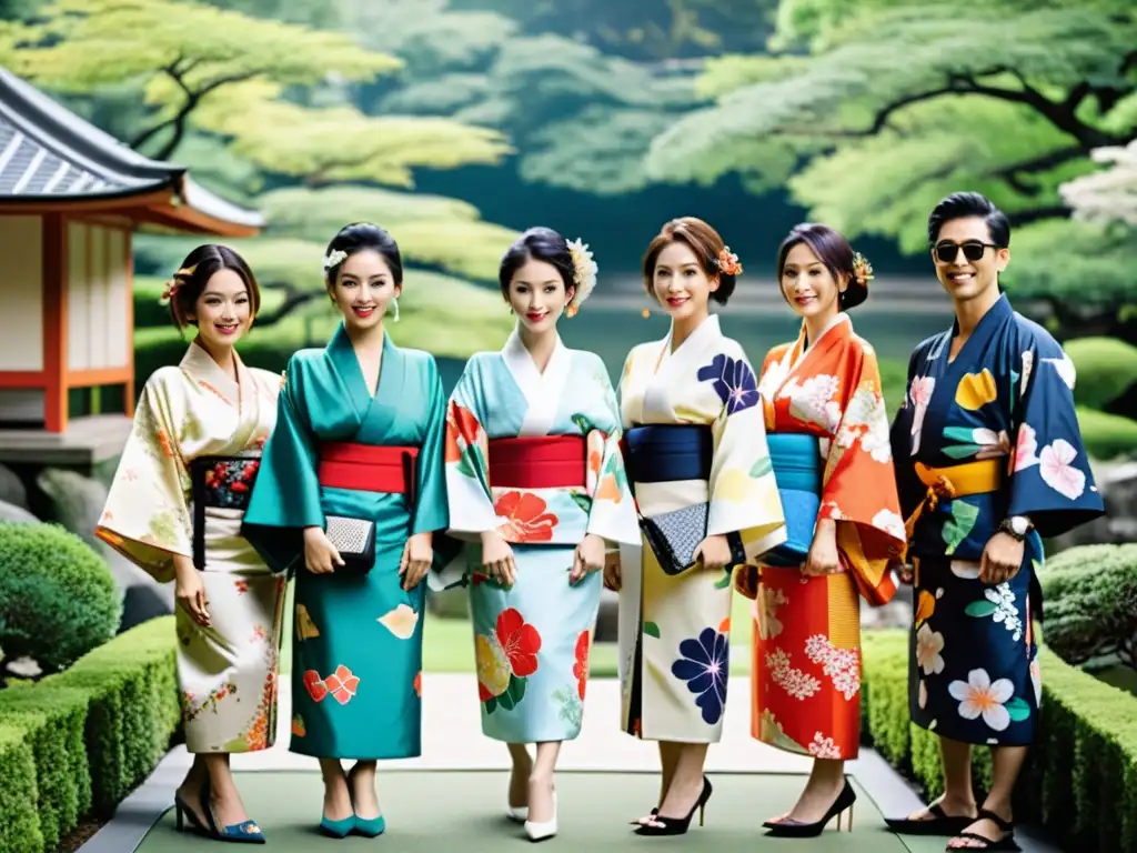 Influencers con Kimono en redes posan en un jardín japonés, fusionando tradición y modernidad con elegancia y confianza