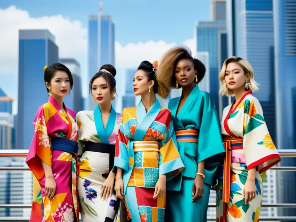 Influencers con Kimono en redes: Jóvenes lucen kimonos vibrantes frente a rascacielos, fusionando tradición y modernidad