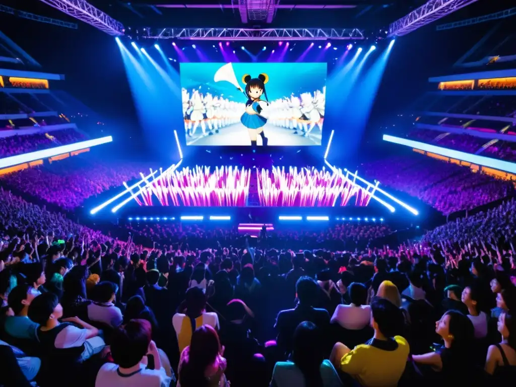 La influencia del anime en JPop cobra vida en un concierto lleno de energía con fans entusiastas y animación vibrante en el escenario