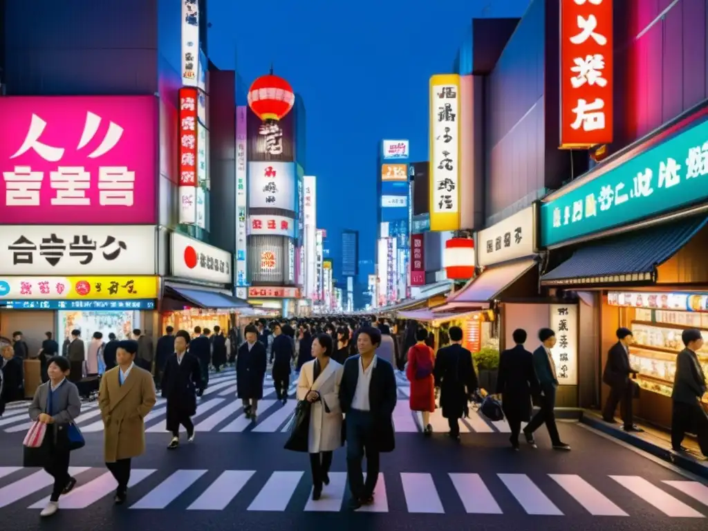 Influencia del arte japonés en la cultura pop: Calles vibrantes de Tokio, con neones y gente paseando, reflejando la fusión de tradición y modernidad