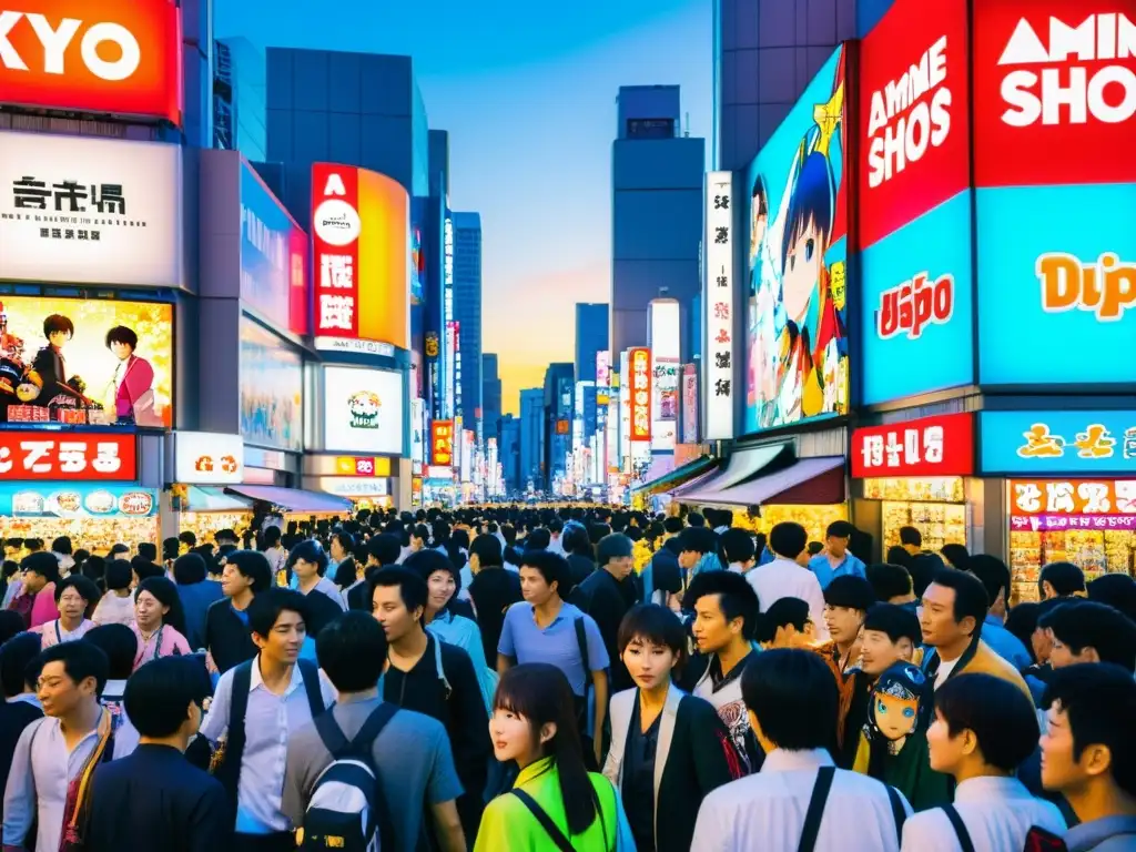 Akihabara, epicentro del manga y anime en Tokyo Influencia artística del cómic asiático en las bulliciosas calles de Akihabara, Tokio, con neones, cosplay y coloridos anuncios de anime y manga