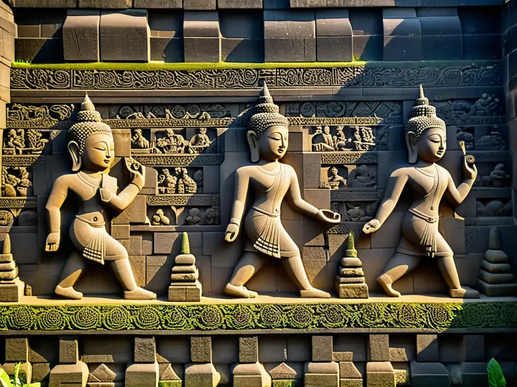 Influencia del Budismo en arquitectura asiática: Detalle impresionante de las esculturas y relieves en el antiguo Templo de Borobudur en Indonesia