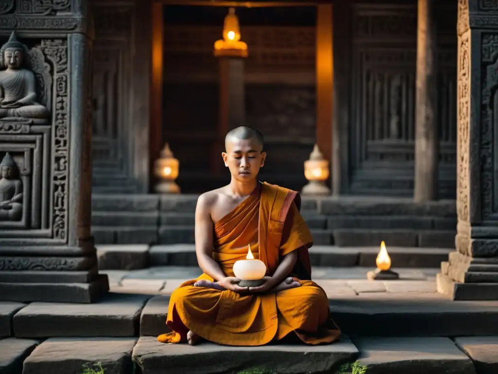 Influencia del Budismo en arte asiático: Fotografía serena en blanco y negro de un monje budista meditando en ruinas de templo