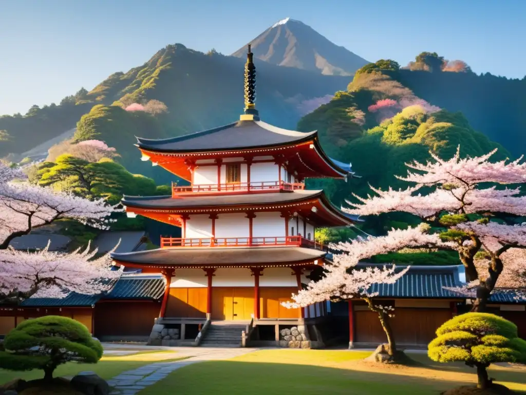 Influencia del Budismo en Bushido: Templo japonés rodeado de cerezos en flor, luz cálida, montañas cubiertas de niebla, atmósfera serena y espiritual