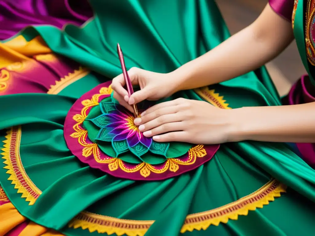 Influencia del Budismo en moda: Diseñador de moda bordando a mano un mandala vibrante en un vestido de seda, fusionando artesanía tradicional con moda contemporánea