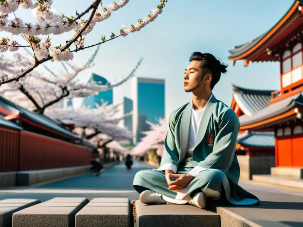 Influencia del Budismo en moda: Persona meditando bajo un árbol de cerezo en una calle urbana, combinando moda urbana y tradicional japonesa