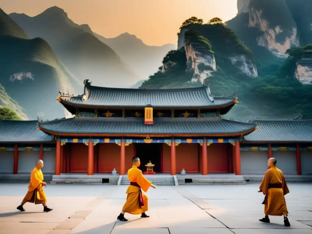 Influencia del Budismo en Kung Fu Shaolin: Monjes practicando Kung Fu al amanecer en un antiguo templo Shaolin entre montañas neblinosas