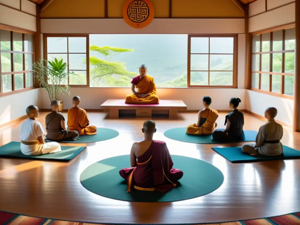 Influencia del budismo en psicología moderna: Sala de meditación serena con luz natural, símbolos budistas y personas en meditación