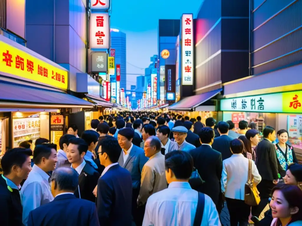 La influencia del cine en el arte asiático cobra vida en una bulliciosa calle de Tokio al anochecer, con luces de neón y energía vibrante