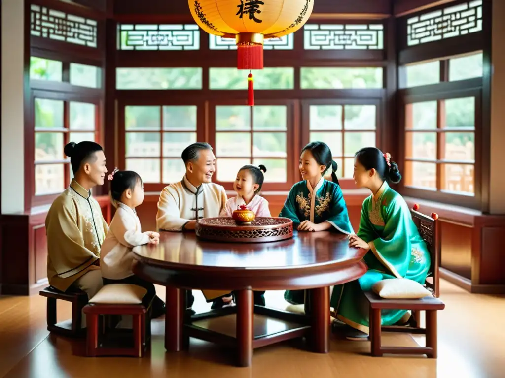 Influencia del Confucianismo en familias asiáticas: Familia china en armoniosa discusión alrededor de mesa de madera adornada con ropa de seda y elementos tradicionales, irradiando reverencia y conexión familiar