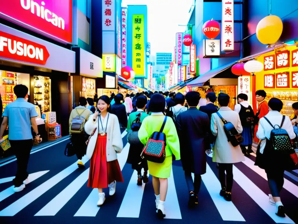 Influencia de la cultura asiática en la moda urbana de Tokio, con una mezcla vibrante de estilos y colores en las concurridas calles de Harajuku