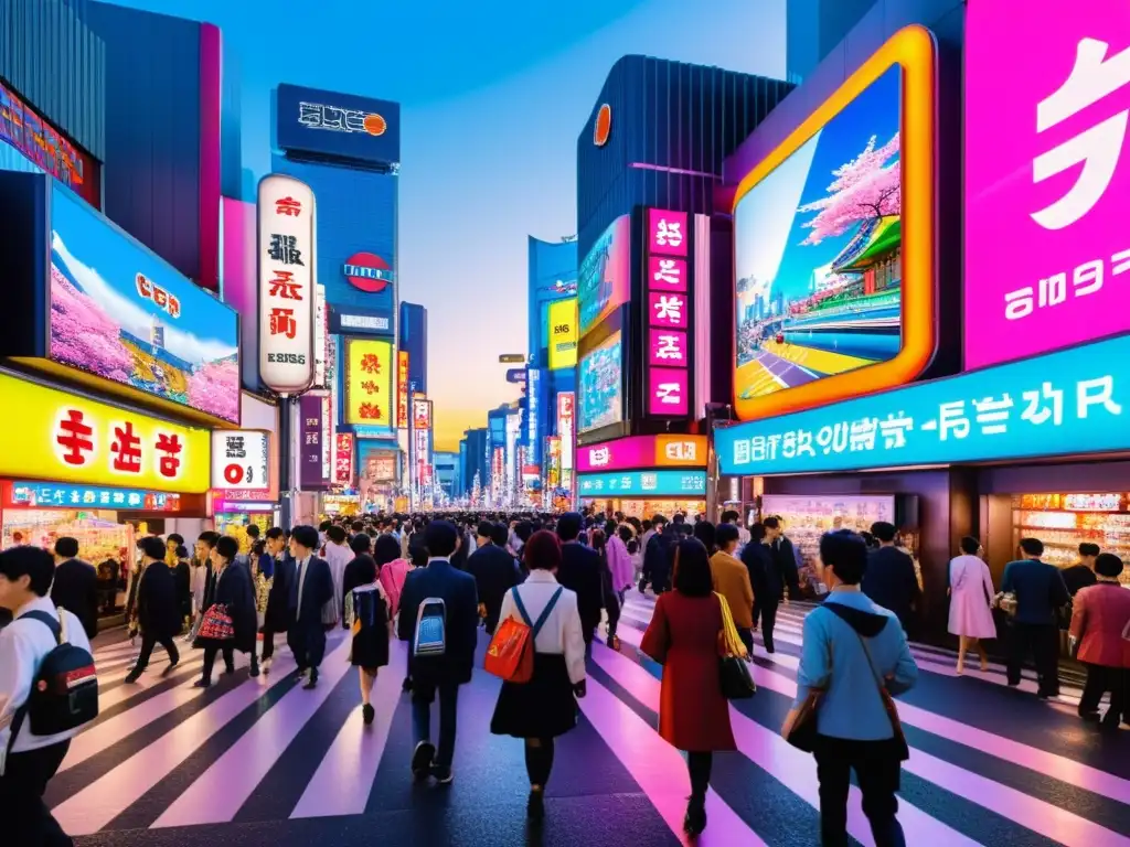 Influencia de la cultura pop asiática en la bulliciosa calle de Tokio, llena de luces de neón y moda colorida inspirada en anime