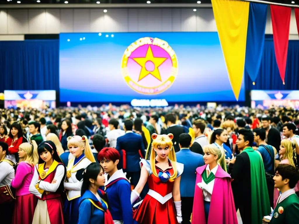 Influencia cultural de Sailor Moon: Convención llena de cosplayers entusiastas, exhibiendo trajes vibrantes y energía apasionada